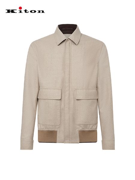 Vestes pour hommes printemps Kiton laine Beige grande poche à carreaux revers veste à glissière manteau