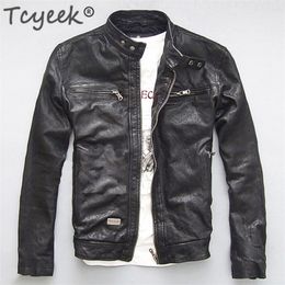 Chaquetas para hombre Tcyeek Chaqueta de cuero genuino para hombre Hombres Oveja real Cabra Negro Marrón Hombre Bombardero Chaquetas de motocicleta Primavera Otoño Ropa para hombre L1 220909