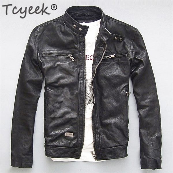 Tcyeek hommes veste en cuir véritable hommes réel mouton chèvre noir marron mâle Bomber moto vestes printemps automne hommes vêtements L1 220909