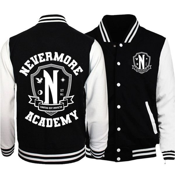 Hommes Vestes Série TV Mercredi Addams Nevermore Academy Baseball Uniforme Vestes Hommes Femmes Harajuku Casual Manteaux Surdimensionné Survêtement 230705