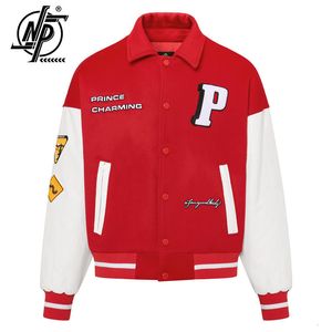 Hommes Vestes Varsity Veste Lettre Motif En Cuir PU Patchwork Baseball Hiver Streetwear Mode Rouge Bomber Unisexe Manteau 230809