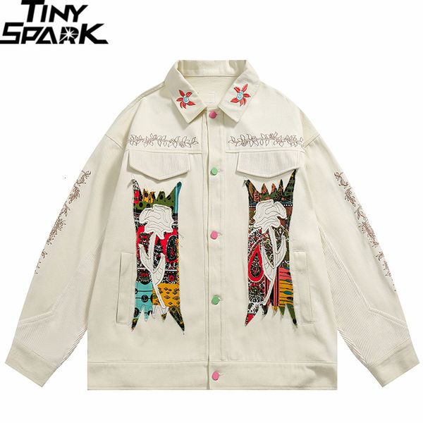 Chaquetas para hombre Vintage chaqueta de mezclilla blanca hombres HipHop Streetwear Retro gráfico flor bordado Jean algodón Harajuku abrigo floral 230803