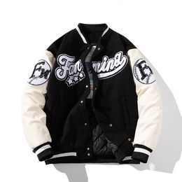 Herrenjacken Winter Brief Baseballjacke Männer Frauen American Varsity Dicke Warme Patchwork Hip Hop Mantel Knopf Lederhülse Beflockung 230804