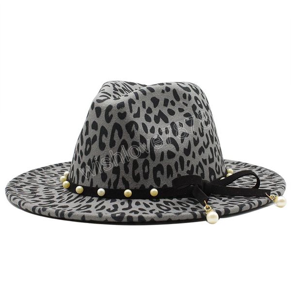 Hommes Jazz Fedora Chapeaux Gentleman Coton Hiver Femmes Imprimé Léopard perle Large Bord Haut Chapeau Chapeau Femme