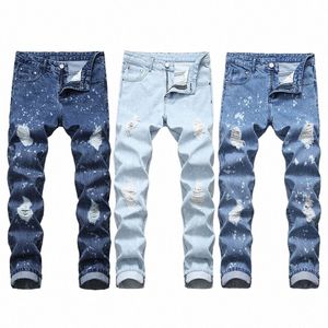 Hommes Jean Skinny Casual Slim Fit Droite Ripped Hole Jeans Dot Imprimé Designer Crayon Pantalon Casual Denim Pantalon Fi Bleu i0yS #