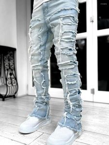 Mens jeans 2023 coole noodlijdende gescheurde slanke fit splitsend denim broek streetwear -stijl modekleding