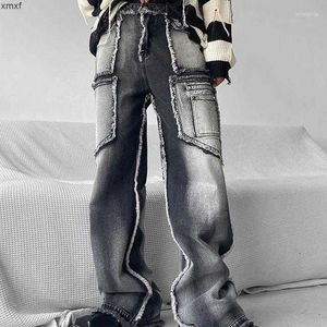 Jeans masculins 2023 pour hommes Streetwear décontracté pantalon cargo rétro réparant la grande poche ample baisse de la jambe large gris et blanc pour hommes 7x7s