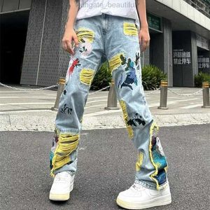 Jeans pour hommes 2023 Ropa Grunge Y2K Streetwear Baggy Pantalon déchiré empilé Vêtements pour hommes Broderie graphique Hip Hop Denim Pantalon Pantalon