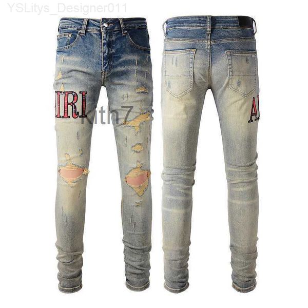 Jeans pour hommes 2023nouveau designer hommes jeans hiphop mode fermeture éclair trou lavage jean pantalon rétro déchiré pli couture hommes conception moto équitation cool slim pantalon violet f 7WNQ