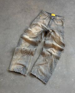 Jeans pour hommes 2024 Rue Rétro Bord Brut Broderie Baggy Pour Hommes Mode Hip Hop Modèle Femmes Patchwork Taille Haute Denim Pantalon Y2k