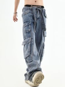 Hommes Jeans américain rétro multipoches taille haute salopette hommes y2k High street hip hop gothique couple jeans décontracté jambe droite pantalon 230327