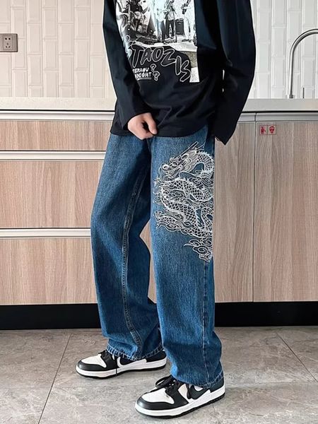 Jeans para hombre American Streetwear Dragón chino bordado Pantalones sueltos rectos Y2k Hombres y mujeres Parejas Suavizante casual 231218