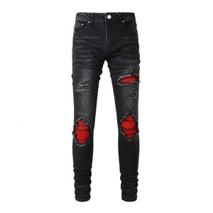 Jeans pour hommes arrivée vieilli noir Streetwear en détresse maigre Stretch détruit trous rouge Bandana côtes patchs déchirés 230809