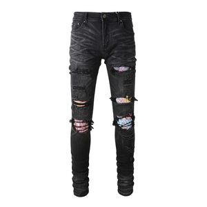 Jeans pour hommes Arrivée Noir Distressed Slim Streetwear Damage Holes Skinny High Stretch Détruit Strass Patchwork Ripped 230330
