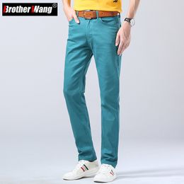 Heren jeans herfst heldere stretch fit trendy denim rechte broek man mannelijk rood meren blauw geel 230812