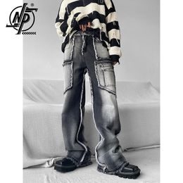 Hommes Jeans Baggy Noir Hommes Tie Dye Wash Rough Edge Straight Wide Leg Pantalon Splicing Goth Vintage Streetwear Denim Casual Pantalon 230516