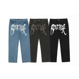 Mens Jeans Harajuku Hip Hop Pantalones de piernas anchas estampadas de gran tamaño Y2K Mopping Black Streetwear 231018