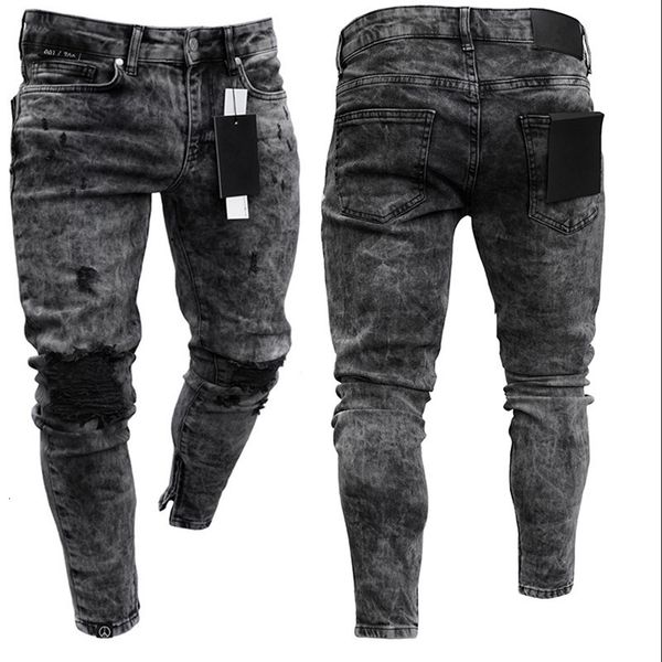 Hommes Jeans Biker Distressed Stretch Ripped Hommes Hip Hop Slim Fit Trous Punk Zipper Pure Color Denim Pantalon 230606