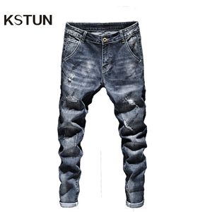 Jeans pour hommes Biker hommes bleu foncé Stretch Slim Fit déchiré en détresse Streetwear Denim pantalon décontracté rétro Homme pantalon Hiphop Jean Homme 230922