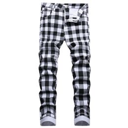 Jeans pour hommes noir et blanc imprimé à carreaux mode chèque impression numérique pantalon droit mince pantalon extensible 230828