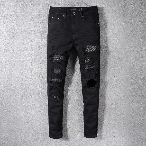 Jeans pour hommes noir en détresse coupe ajustée Style Streetwear trous de dommages maigre Stretch côtes détruites patchs déchirés 230404