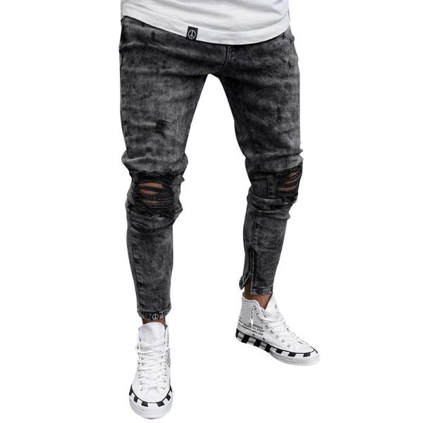 Jeans pour hommes hommes noir gris maigre déchiré décontracté coupe ajustée en détresse Stretch trou Denim pantalon printemps automne homme pantalon