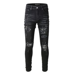 Hommes Jeans Noir High Street Fashion Skinny Détruit Tie Dye Bandana Patchs Brodés Slim Fit Rayé Déchiré Pour Hommes 230404