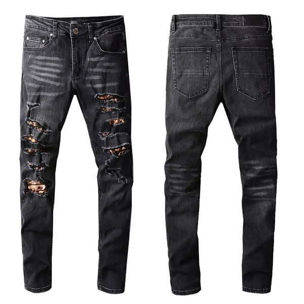 Jeans para hombre, cortes ajustados negros, rodillas rasgadas con parches de leopardo, pantalones delgados para chicos que usan mezclilla recortada, estiramiento, motor desgastado, largo de moda, recto, alta calidad