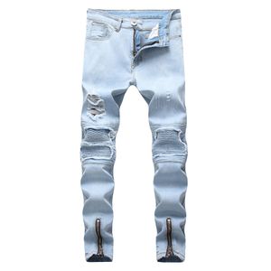 Jeans pour hommes Mens Blue Blue Pantalon de moto en détresse Déplace trou Zipper Design élastique lavé rétro de mode de mode haute rue