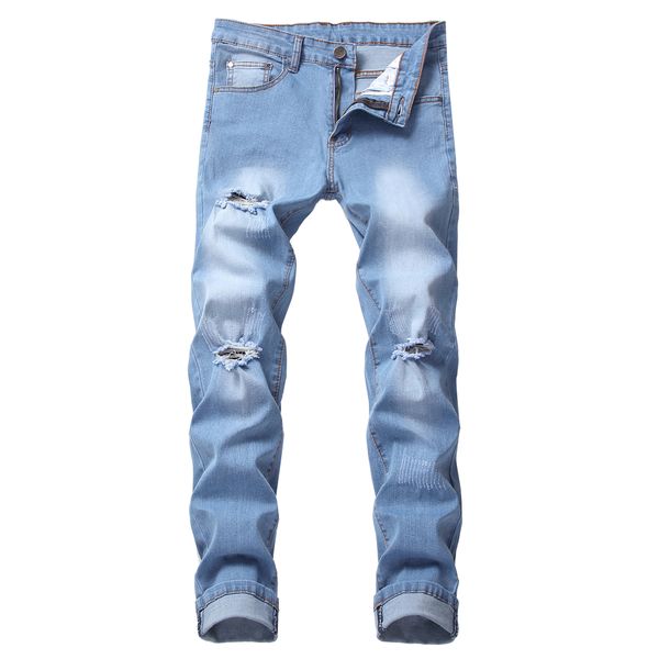 Jeans pour hommes Mens Blue Ripped Skinny Distressed Destroyed Male Biker Hole Distrressed Zipper Slim Fit Denim Casual Pantalon Pantalon