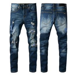 Jeans para hombre Azul con letras recortadas Pantalones de diseñador desgastados para hombre Slim Fit Reparado Lin Chino Stretch Thin Denim Tappered Long Straight Regular Zipper Holes