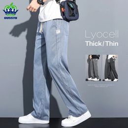 Mens Jeans Marca Roupas Soft Lyocell Tecido Solto Calças Retas Cordão Cintura Elástica Coreia Calças Casuais Plus Size 5XL 231129