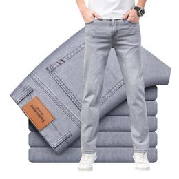 Jeans pour hommes marque matière mince ou épaisse droit coton Stretch Denim affaires décontracté taille haute gris clair bleu 231206