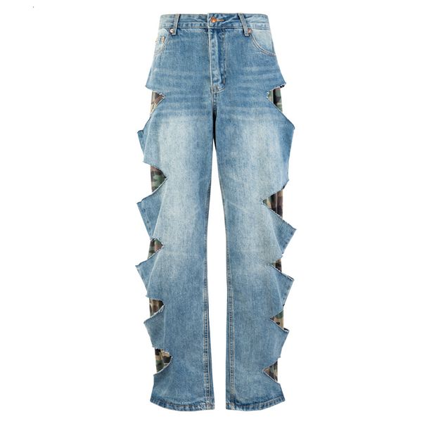 Jeans pour hommes Camouflage trou faux deux pièces droite ample pantalon en Denim rue Hip Hop Cowboy pour hommes 230828