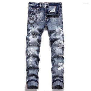 Mens jeans lading lange broek heren denim 2023 herfst mode streetwear stretch gedrukte broek middelste taille