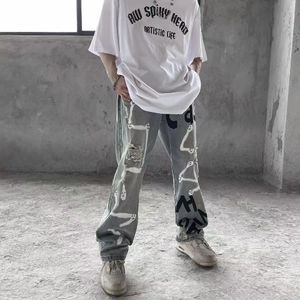 Heren jeans cartoon anime verf graffiti handgeschilderde mannen en vrouwen high street oversize losse hip hop mode broek 230817