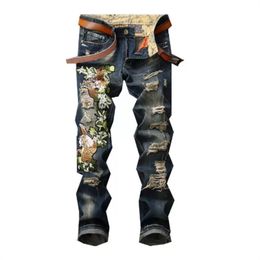 Heren Jeans klassieke hiphop denim camouflage Jean gat Distressed Ripped Biker broek Slim Fit Motorfiets rock broek 28-38 blauw