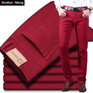 Mens jeans klassieke stijl heren wijn rode jeans modebedrijf casual rechte denim stretch broek mannelijke merkbroek 220929