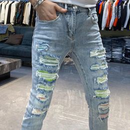 Heren jeans contrast kleur stiksel mannen persoonlijkheid gat patch jean pant streetwear mager erkek kot pantolon hombre