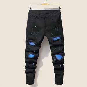 Jeans masculins pantalon skinny déchiré cool étirement pantalon denim slim grand taille hip hop bleu bleu jeans de jogging décontracté pour hommes 240423
