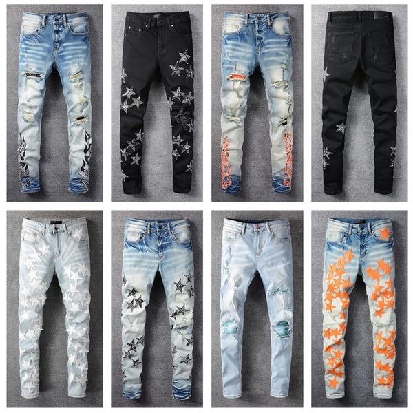 Jeans pour hommes Cool Style luxe mode patchs brodés Denim pantalon en détresse déchiré Biker noir bleu hommes crayon mince Jean Slim F215C