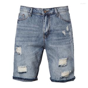 Jeans para hombres algodón de piernas rectas hombres cortos de color sólido agujero de la marca azul pantalones de mezclilla de mezclilla