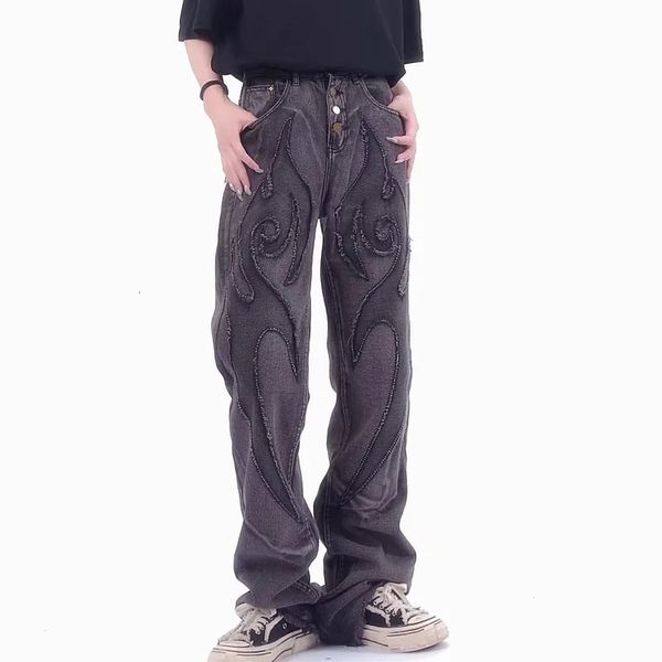 Jeans pour hommes Cyber Y2K Patch broderie Vintage gris Baggy pantalon pour hommes vêtements droits femmes Hip Hop Denim pantalon Ropa Hombre 231204