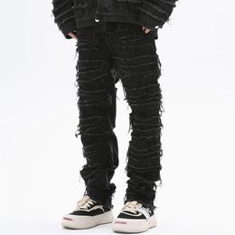 Heren Jeans Dark Streetwear Zwart Kwastje Patchwork Rechte Mannen Grunge Broek Mode Punk Hip Hop Denim Broek Ropa Hombre 230607