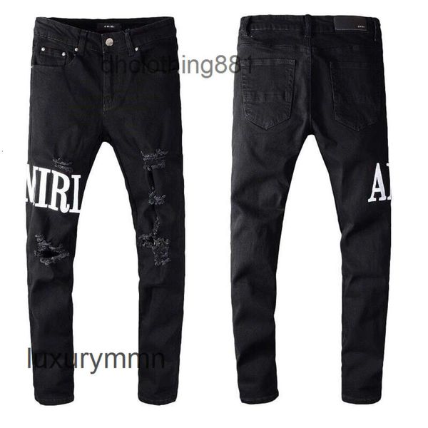 Jeans pour hommes Designer Amirrss Jeans Mode européenne et américaine Pantalons neufs pour hommes Patch de broderie perforé noir élastique Slim Fit 6EDG