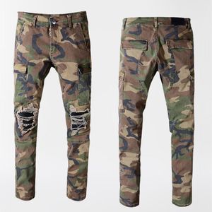 Jeans pour hommes Designer pour Am Fashion Brand Pantalon de moto Vintage Multi Pocket Slim élastique froissé patché empilé hommes Camo couleur taille 28-40