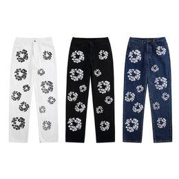 Jeans pour hommes Designer High Street Denim Floral Couronne de la jambe droite lavée Black Pantalon Loose Pantal