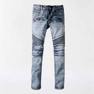 Jeans pour hommes jeans de marque pour hommes AM marque de mode coupe stéréoscopique pantalon de moto vintage multi poches slim fit élastique froissé patché empilé jeans hommes