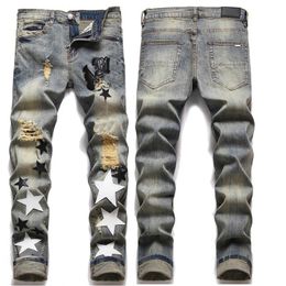 Jeans para hombre jeans de diseñador para hombre letra estrella perforada bordado patchwork rasgado tendencia marca motocicleta pantalón para hombre moda flaca elástica slim fit pantalones 29-38
