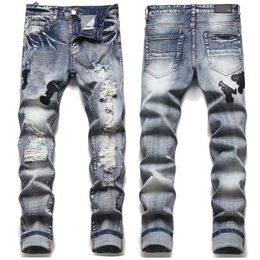 Jeans pour hommes jeans de marque pour hommes lettre étoile broderie patchwork déchiré tendance marque moto pantalon maigre mode élastique slim fit pantalon divers styles 38